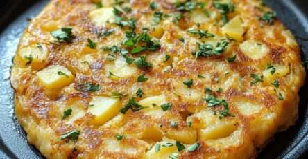 Tortilla omelette espagnole de patatas dorée et épaisse, composée de pommes de terre et d’œufs, coupée en parts et servie dans une poêle avec persil frais.