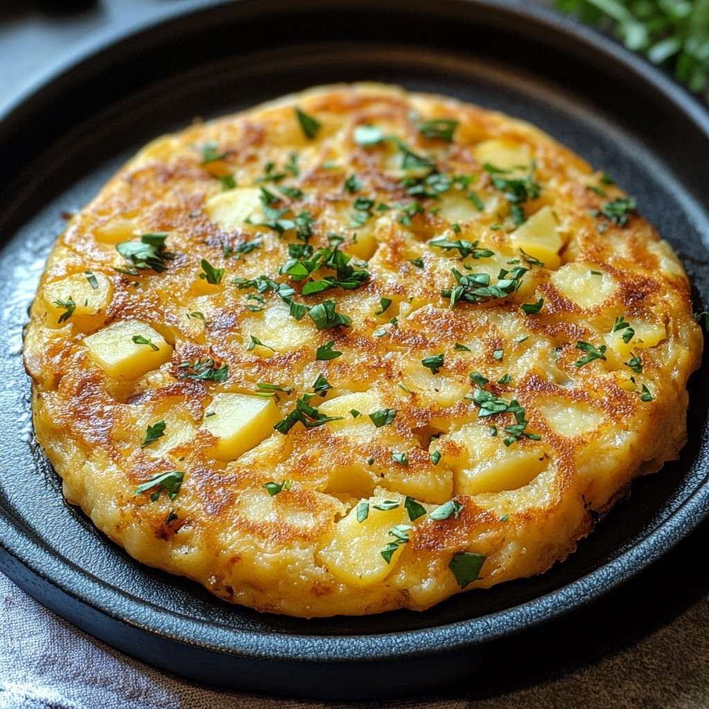Tortilla omelette espagnole de patatas dorée et épaisse, composée de pommes de terre et d’œufs, coupée en parts et servie dans une poêle avec persil frais.