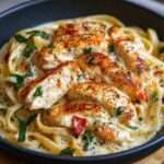 Assiette de pâtes crémeuses au poulet cajun avec poivrons rouges, sauce onctueuse et morceaux de poulet dorés, décorée de persil frais.