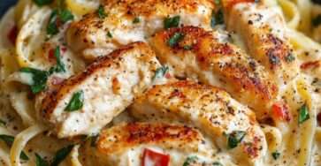 Assiette de pâtes crémeuses au poulet cajun avec poivrons rouges, sauce onctueuse et morceaux de poulet dorés, décorée de persil frais.