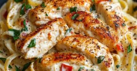 Assiette de pâtes crémeuses au poulet cajun avec poivrons rouges, sauce onctueuse et morceaux de poulet dorés, décorée de persil frais.