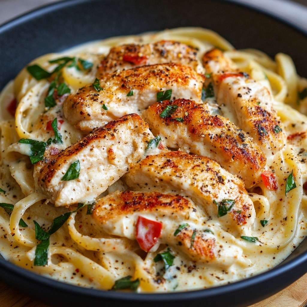 Assiette de pâtes crémeuses au poulet cajun avec poivrons rouges, sauce onctueuse et morceaux de poulet dorés, décorée de persil frais.