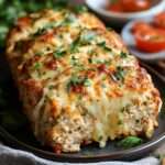 Pain de viande de poulet doré au four, recouvert de fromage gratiné fondant, tranché et servi chaud avec persil frais.