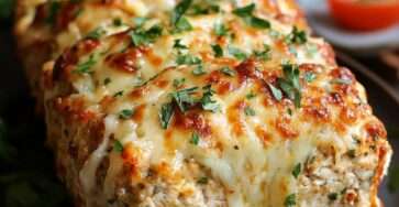 Pain de viande de poulet doré au four, recouvert de fromage gratiné fondant, tranché et servi chaud avec persil frais.