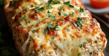 Pain de viande de poulet doré au four, recouvert de fromage gratiné fondant, tranché et servi chaud avec persil frais.