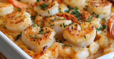 Casseroles individuelles de pétoncles et crevettes nappées d’une sauce crémeuse, gratinées au fromage doré et servies chaudes avec persil frais.
