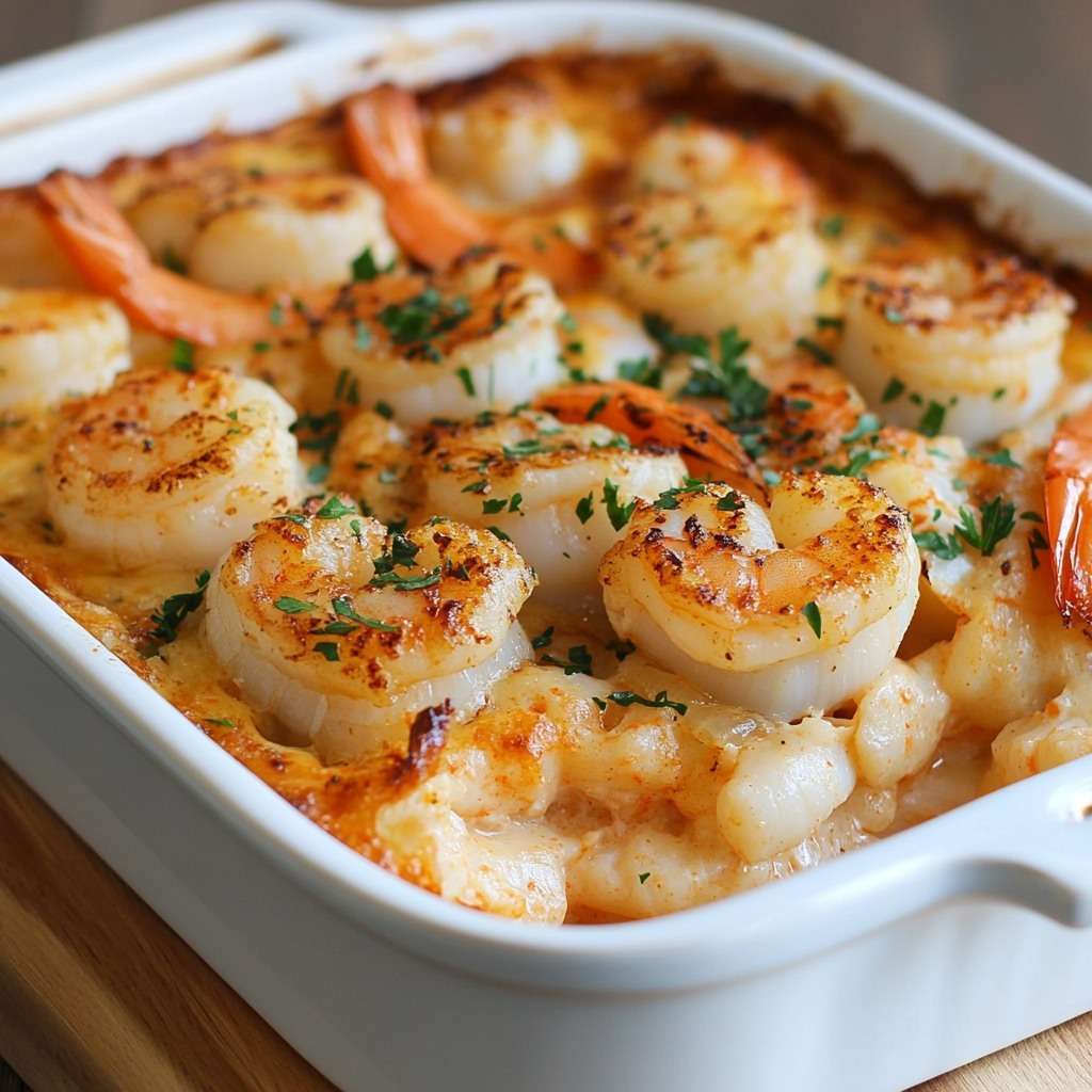Casseroles individuelles de pétoncles et crevettes nappées d’une sauce crémeuse, gratinées au fromage doré et servies chaudes avec persil frais.