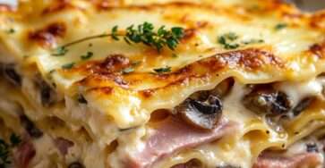 Plat de lasagnes aux champignons et jambon avec couches de pâtes, béchamel onctueuse et fromage gratiné doré, servi chaud.