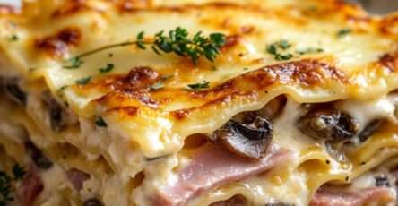 Plat de lasagnes aux champignons et jambon avec couches de pâtes, béchamel onctueuse et fromage gratiné doré, servi chaud.