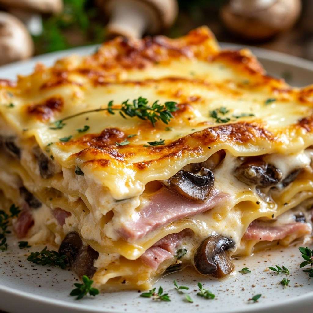 Plat de lasagnes aux champignons et jambon avec couches de pâtes, béchamel onctueuse et fromage gratiné doré, servi chaud.