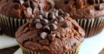 Muffins légers au chocolat disposés sur une grille, à la texture moelleuse, préparés avec de la compote de pommes, décorés de quelques pépites de chocolat.