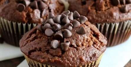 Muffins légers au chocolat disposés sur une grille, à la texture moelleuse, préparés avec de la compote de pommes, décorés de quelques pépites de chocolat.