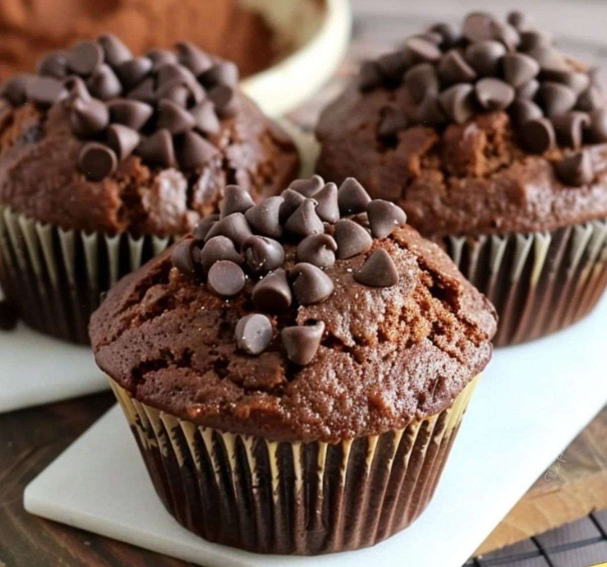 Muffins légers au chocolat disposés sur une grille, à la texture moelleuse, préparés avec de la compote de pommes, décorés de quelques pépites de chocolat.