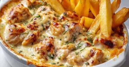 Cassolettes de poulet nappé d’une sauce crémeuse au maroilles, servies avec des frites maison dorées et croustillantes, décorées de persil frais.