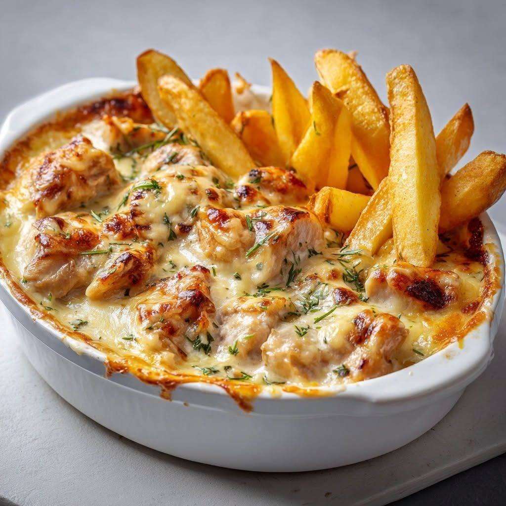 Cassolettes de poulet nappé d’une sauce crémeuse au maroilles, servies avec des frites maison dorées et croustillantes, décorées de persil frais.