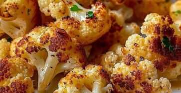 Chou-fleur rôti au four bien doré et croustillant, assaisonné aux épices, recouvert de fromage fondu et parsemé de persil frais.