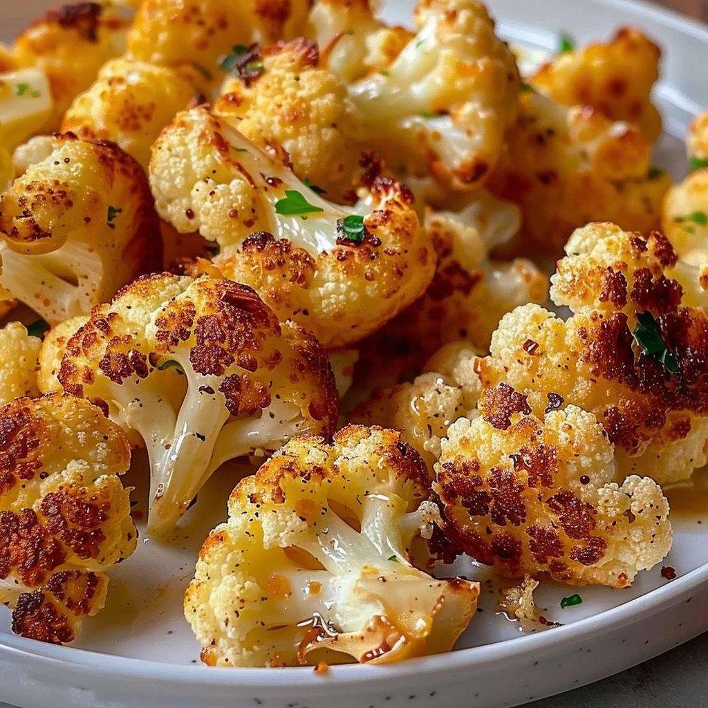 Chou-fleur rôti au four bien doré et croustillant, assaisonné aux épices, recouvert de fromage fondu et parsemé de persil frais.