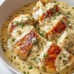 Filets de poulet dorés nappés d’une sauce crémeuse au Boursin ail et fines herbes, parsemés de persil frais et servis bien chauds.