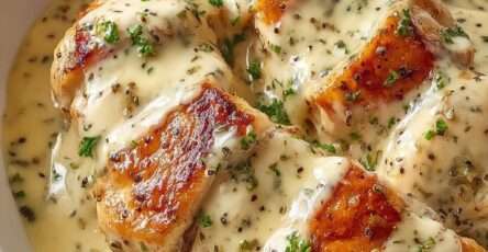 Filets de poulet dorés nappés d’une sauce crémeuse au Boursin ail et fines herbes, parsemés de persil frais et servis bien chauds.