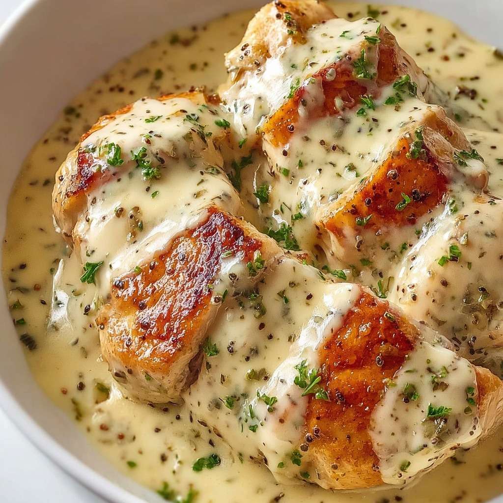 Filets de poulet dorés nappés d’une sauce crémeuse au Boursin ail et fines herbes, parsemés de persil frais et servis bien chauds.