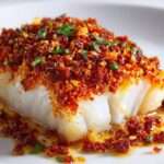 Dos de cabillaud en croûte recouvert d’une croûte de chorizo croustillante, dorée au four, accompagné de persil frais et servi chaud.