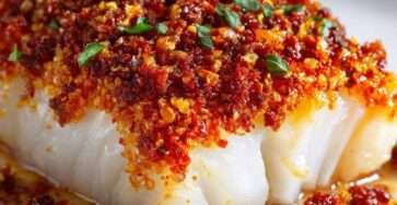 Dos de cabillaud en croûte recouvert d’une croûte de chorizo croustillante, dorée au four, accompagné de persil frais et servi chaud.