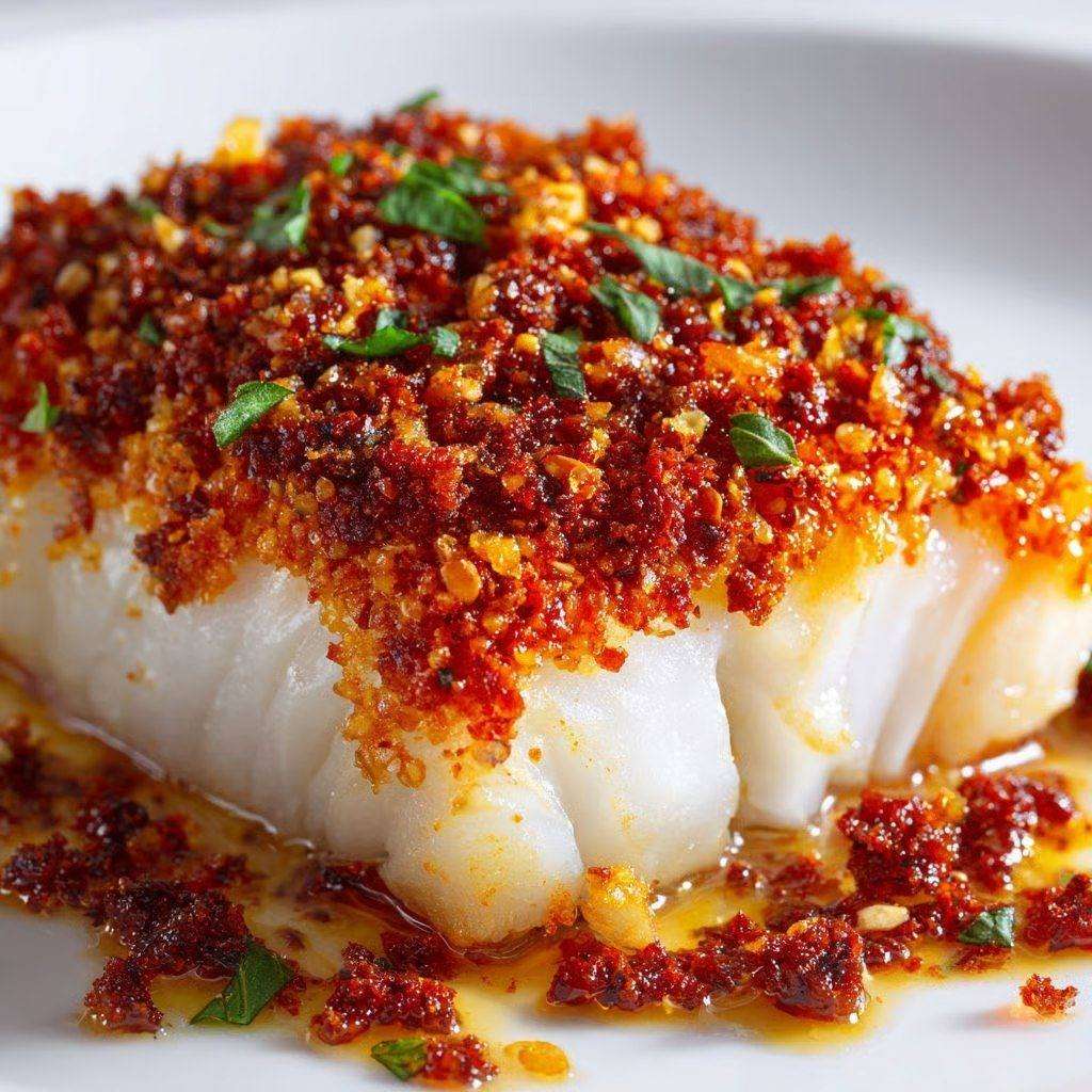 Dos de cabillaud en croûte recouvert d’une croûte de chorizo croustillante, dorée au four, accompagné de persil frais et servi chaud.