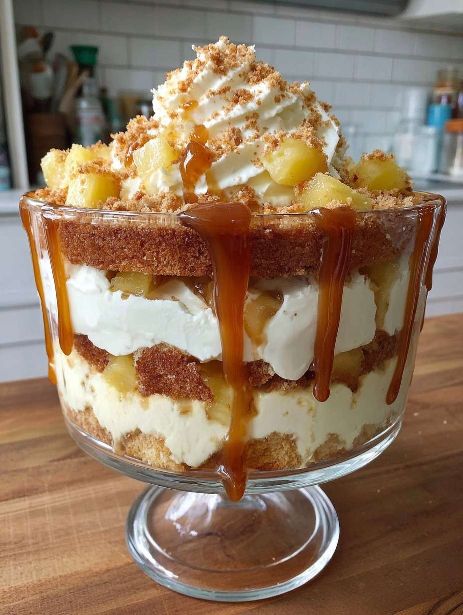 Verrines pommes composées de couches de pommes fondantes, crème légère au fromage frais et caramel coulant, décorées de biscuits émiettés et morceaux de pommes.