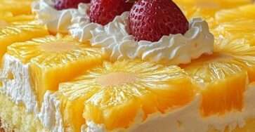 Gâteau ananas garni de chantilly légère, décoré de tranches d’ananas et de fraises fraîches sur le dessus.