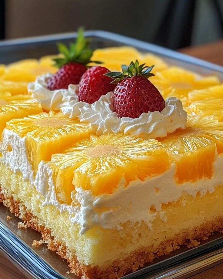 Gâteau ananas garni de chantilly légère, décoré de tranches d’ananas et de fraises fraîches sur le dessus.