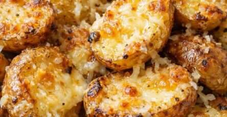 Pommes de terre rôties au four avec ail et parmesan, croustillantes et dorées, disposées sur une plaque avec herbes et épices.