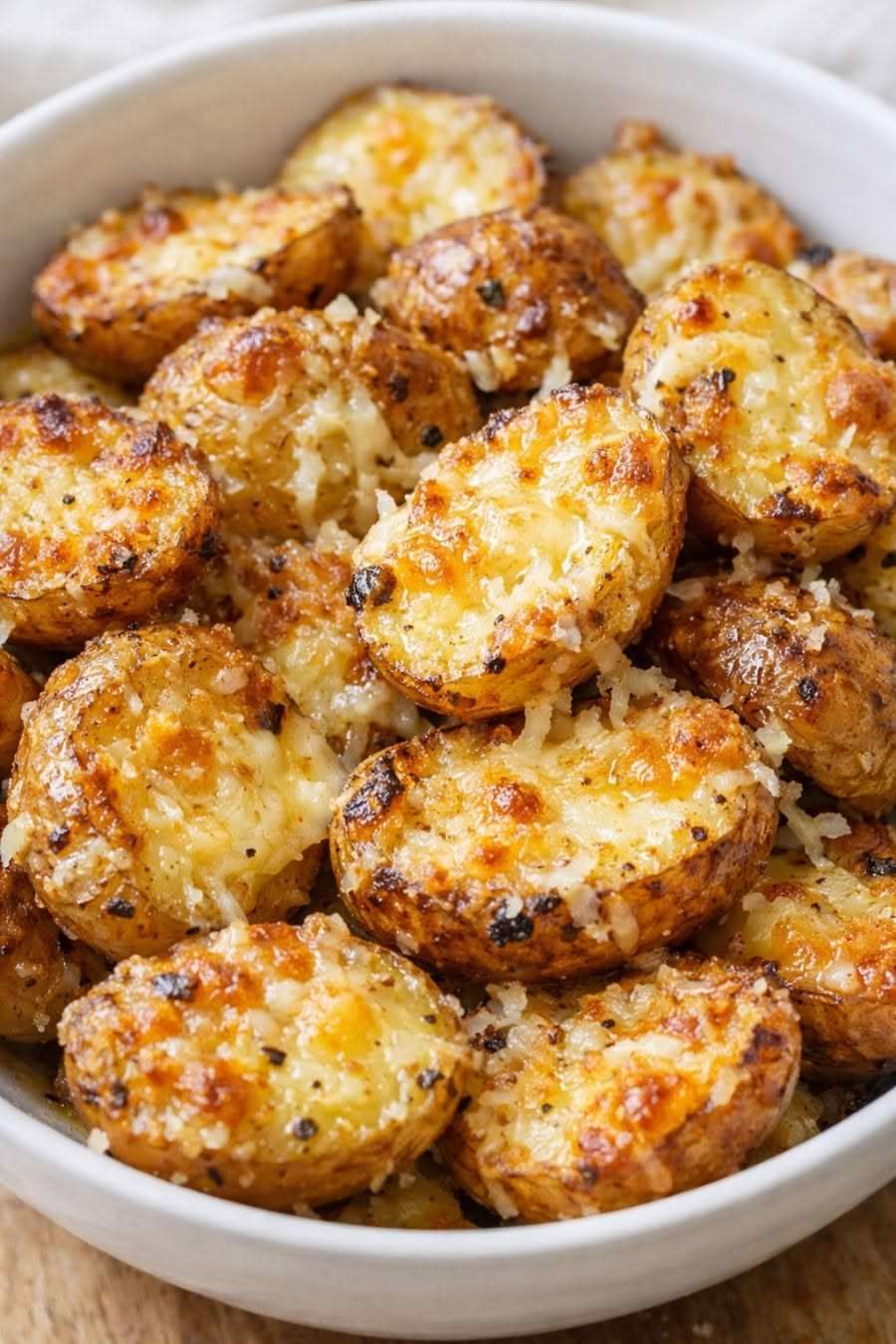 Pommes de terre rôties au four avec ail et parmesan, croustillantes et dorées, disposées sur une plaque avec herbes et épices.