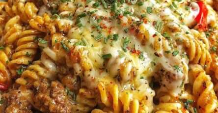 Gratin de fusillis au bœuf et fromage avec pâtes enrobées de sauce tomate crémeuse, viande fondante et fromage gratiné doré.