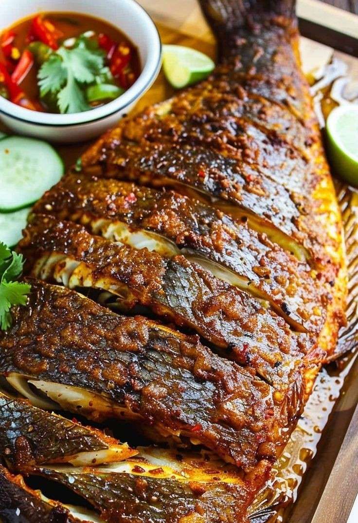 Poisson entier grillé doré et croustillant, mariné aux épices, servi avec citron vert, concombre et sauce pimentée aux herbes.