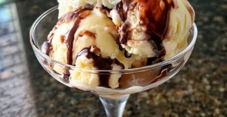 Coupe glacée vanille chocolat servie dans un verre à dessert, avec boules de glace vanille, sauce chocolat tiède, chantilly, copeaux de chocolat et amandes effilées.
