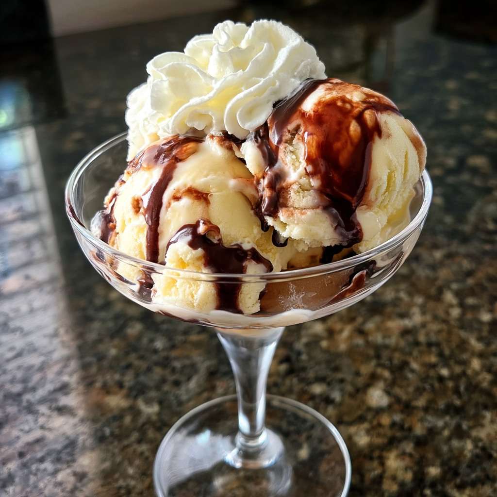 Coupe glacée vanille chocolat servie dans un verre à dessert, avec boules de glace vanille, sauce chocolat tiède, chantilly, copeaux de chocolat et amandes effilées.