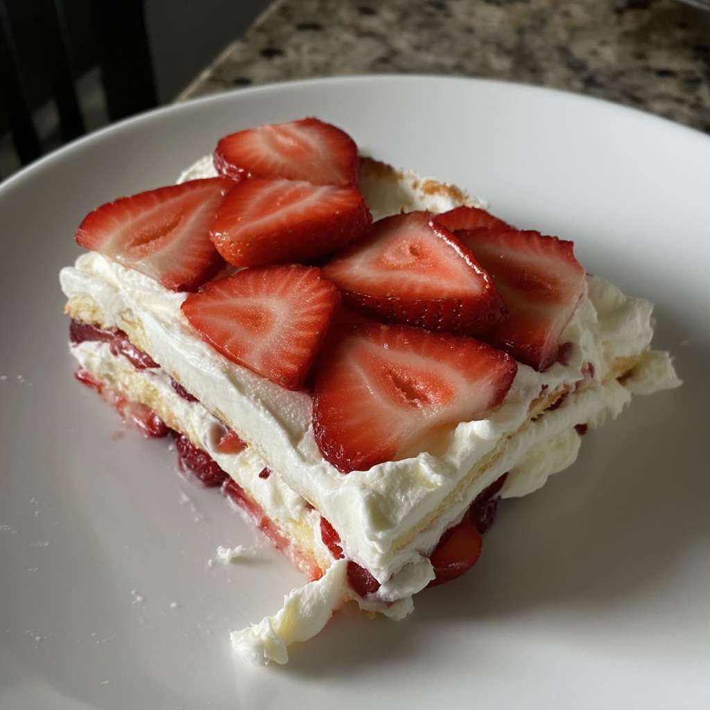 Gâteau fraises et crème façon tiramisu présenté en parts, avec biscuits imbibés, crème mascarpone légère et fraises fraîches en décoration.