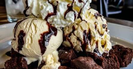 Brownie glacé servi en coupe avec morceaux de brownie fondant, boules de glace vanille, sauce chocolat tiède, chantilly et copeaux de chocolat.
