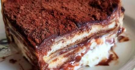 Gâteau familial façon tiramisu chocolat servi dans un grand plat, avec couches de biscuits fondants, crème mascarpone, ganache brillante et cacao amer.