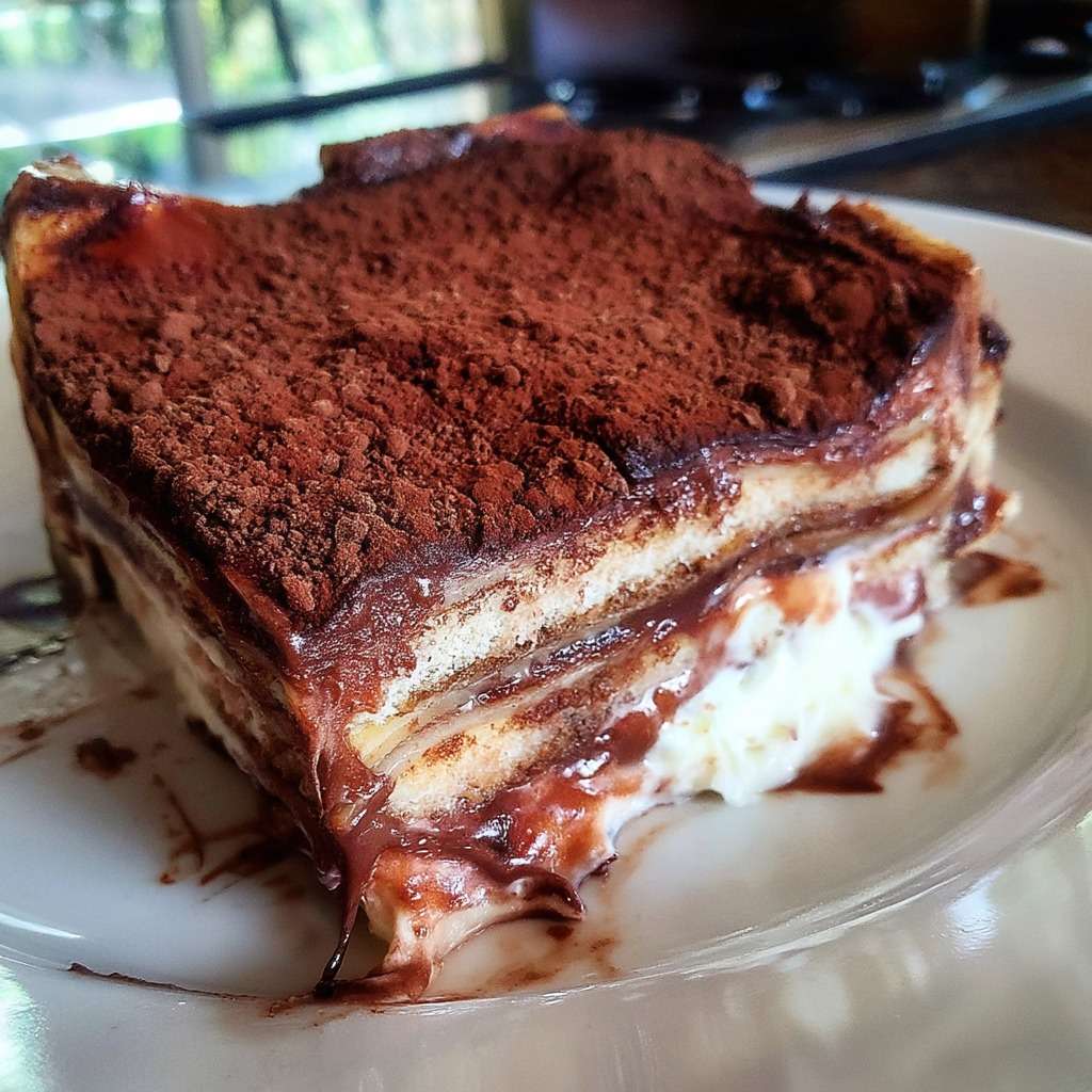 Gâteau familial façon tiramisu chocolat servi dans un grand plat, avec couches de biscuits fondants, crème mascarpone, ganache brillante et cacao amer.