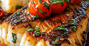 Dos de cabillaud rôti servi avec des tomates cerises fondantes, une sauce à l’huile d’olive, de l’ail, du citron et du basilic frais.