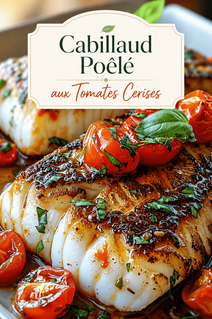 Dos de cabillaud rôti servi avec des tomates cerises fondantes, une sauce à l’huile d’olive, de l’ail, du citron et du basilic frais.