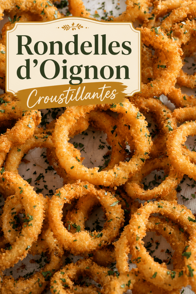 Onion rings croustillants maison servis chauds avec une panure dorée, du persil frais et une sauce crémeuse au ketchup et paprika.