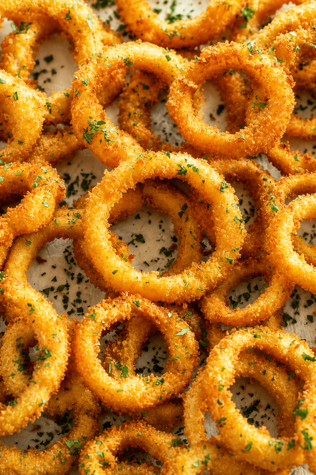 Onion rings croustillants maison servis chauds avec une panure dorée, du persil frais et une sauce crémeuse au ketchup et paprika.