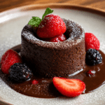 Fondant au chocolat individuel au cœur coulant de fruits rouges, servi avec fraises fraîches, framboises, sucre glace et menthe.
