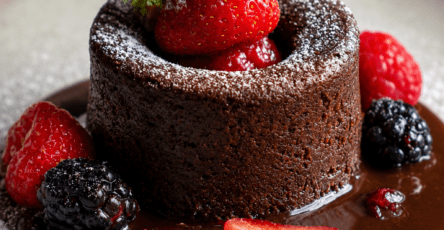 Fondant au chocolat individuel au cœur coulant de fruits rouges, servi avec fraises fraîches, framboises, sucre glace et menthe.