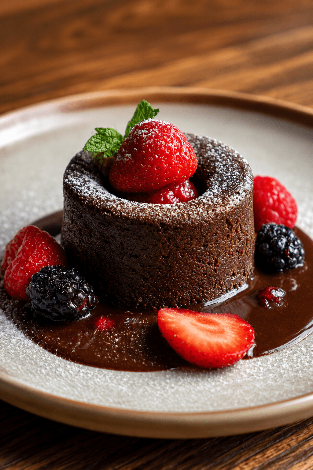 Fondant au chocolat individuel au cœur coulant de fruits rouges, servi avec fraises fraîches, framboises, sucre glace et menthe.