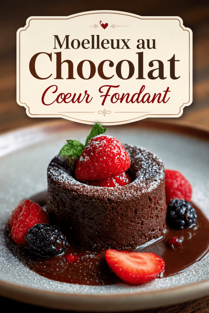 Fondant au chocolat individuel au cœur coulant de fruits rouges, servi avec fraises fraîches, framboises, sucre glace et menthe.