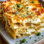 Lasagnes fondantes au cabillaud, fenouil braisé et citron confit servies dans un plat gratiné avec parmesan doré, aneth et petits pois.