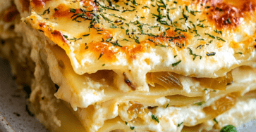 Lasagnes fondantes au cabillaud, fenouil braisé et citron confit servies dans un plat gratiné avec parmesan doré, aneth et petits pois.